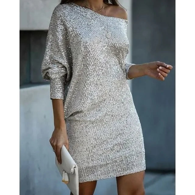 Dames One-Shoulder Mini Jurk – Glanzend, Asymmetrische halslijn, Feestjurk voor Avondkleding en Uitgaan