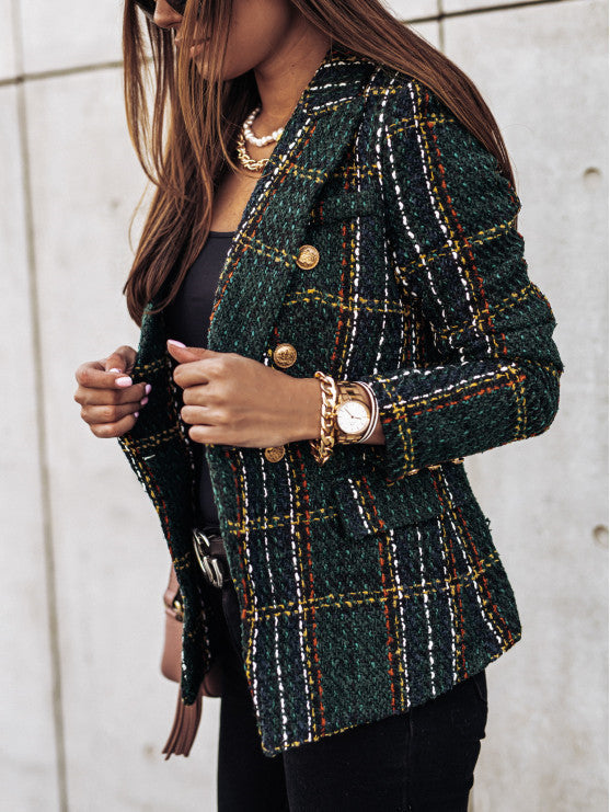 Dames lange wollen mantel – bruin geruit, knoopsluiting, winterjas