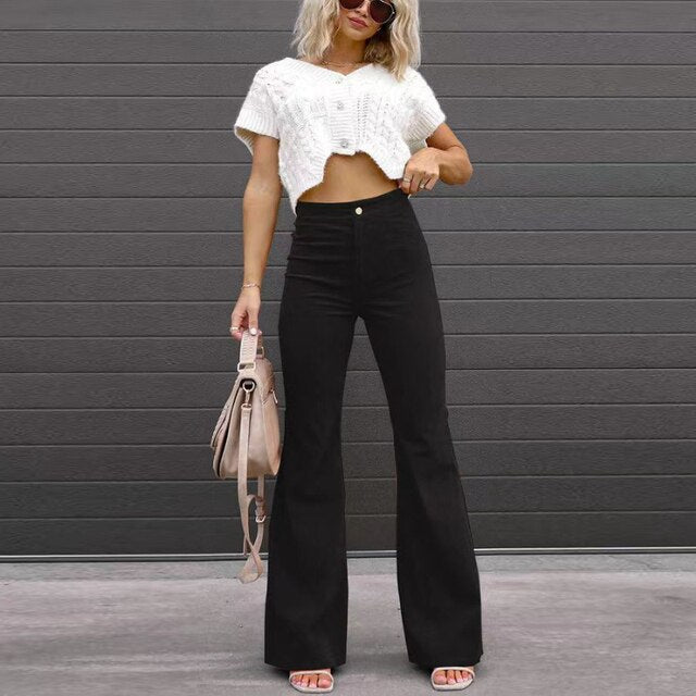 Dames High-Waist Flared Broek – Hoog Getailleerd, Lange Broek met Uitlopende Pijpen