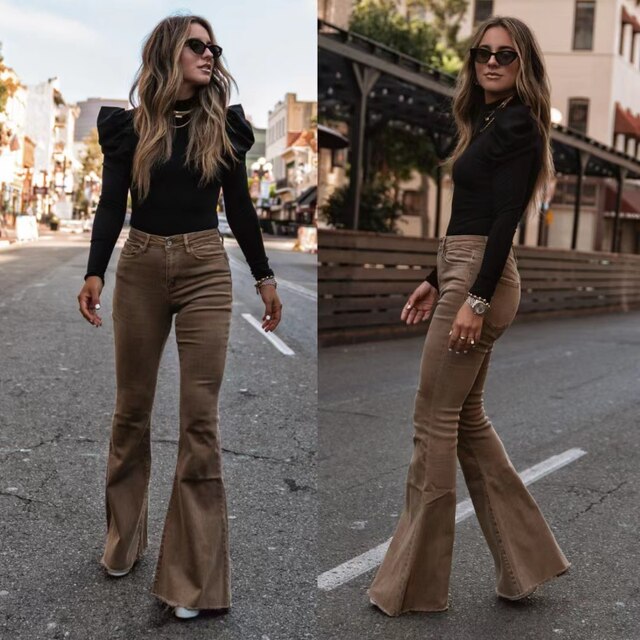 Dames High-Waist Flared Broek – Hoog Getailleerd, Lange Broek met Uitlopende Pijpen