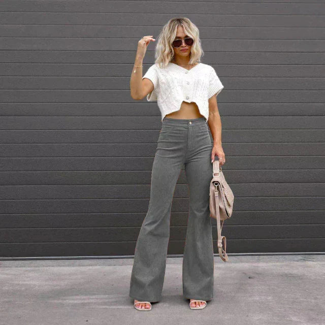 Dames High-Waist Flared Broek – Hoog Getailleerd, Lange Broek met Uitlopende Pijpen