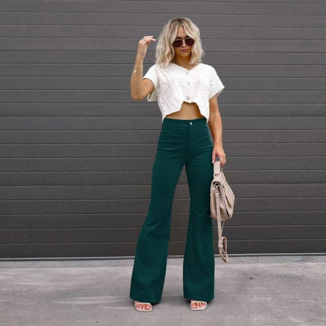 Dames High-Waist Flared Broek – Hoog Getailleerd, Lange Broek met Uitlopende Pijpen