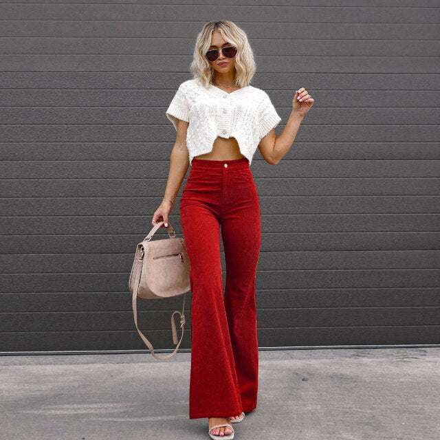 Dames High-Waist Flared Broek – Hoog Getailleerd, Lange Broek met Uitlopende Pijpen