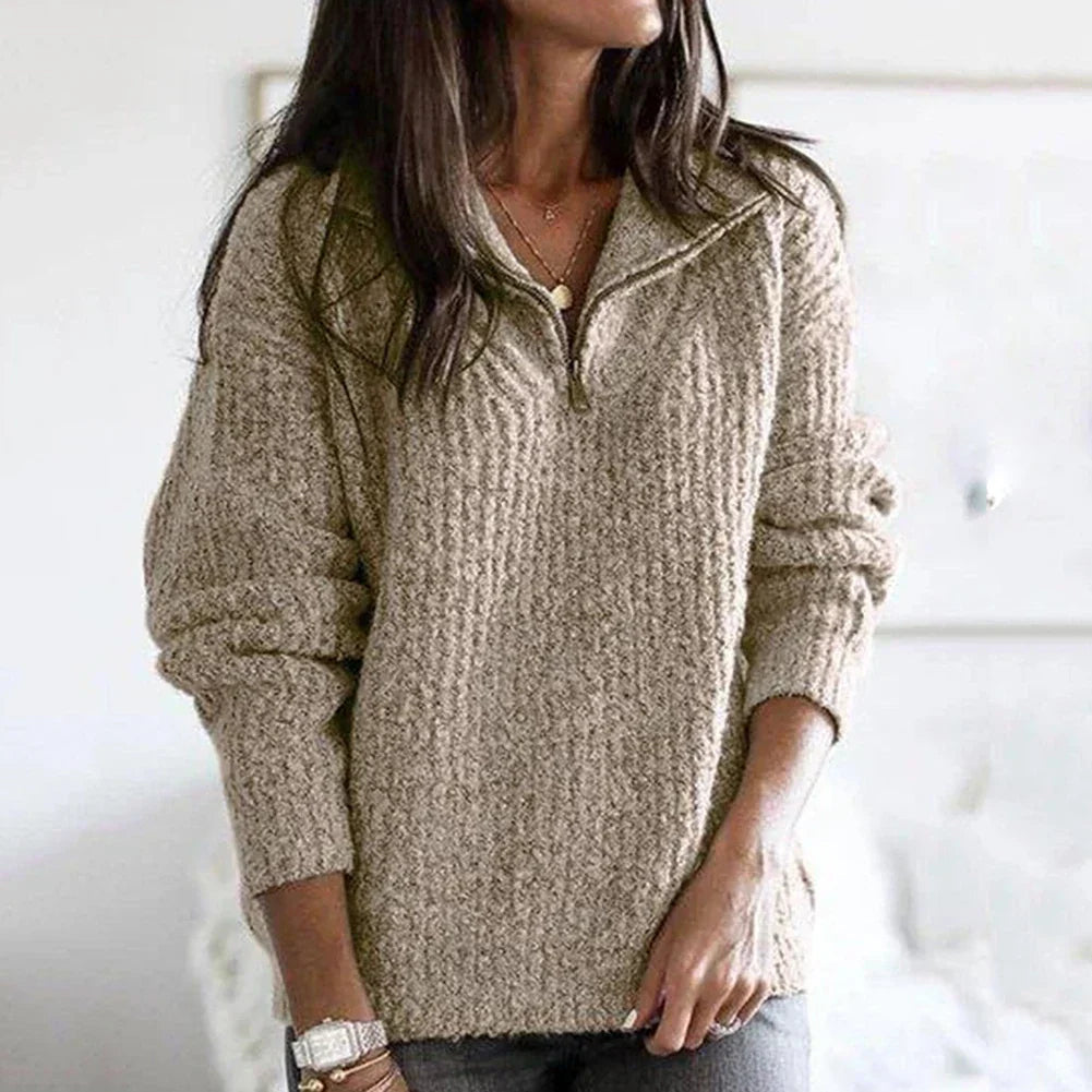 Dames Halve Rits Trui – Opstaande Kraag, Casual Pullover voor Herfst en Winter