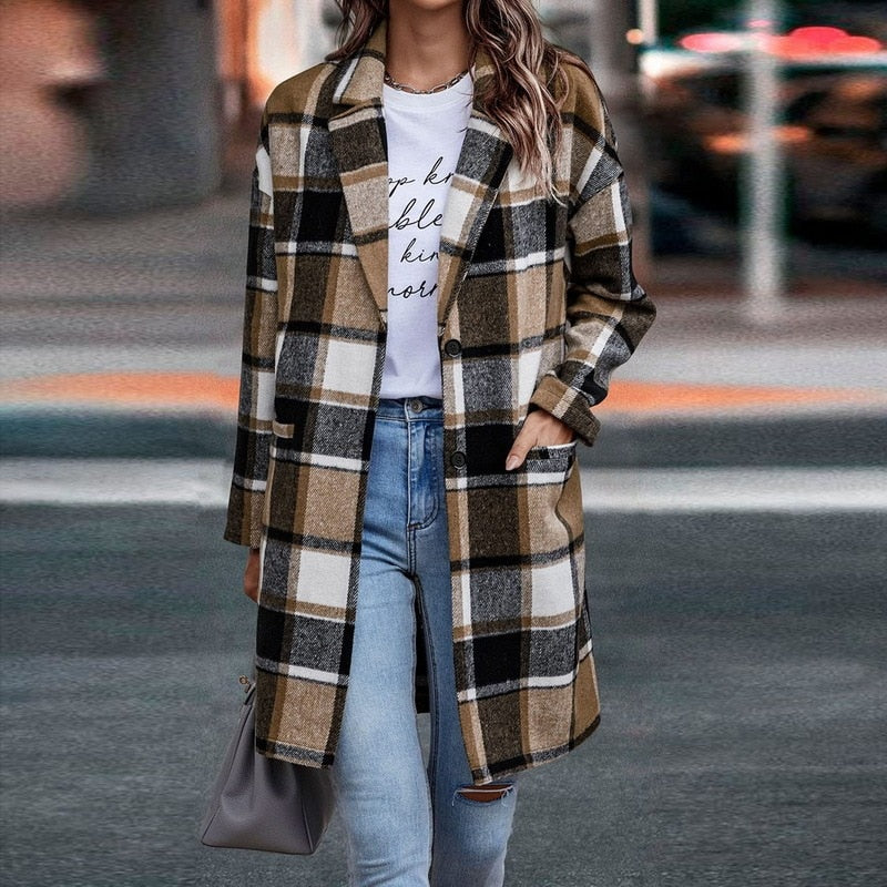Dames Regular Fit Geruite Jas – Casual ruitpatroon, plaid check jas voor dagelijks gebruik