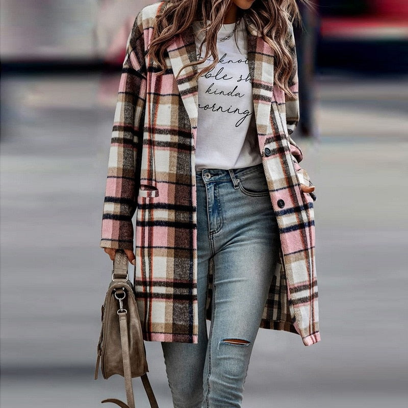 Dames Regular Fit Geruite Jas – Casual ruitpatroon, plaid check jas voor dagelijks gebruik