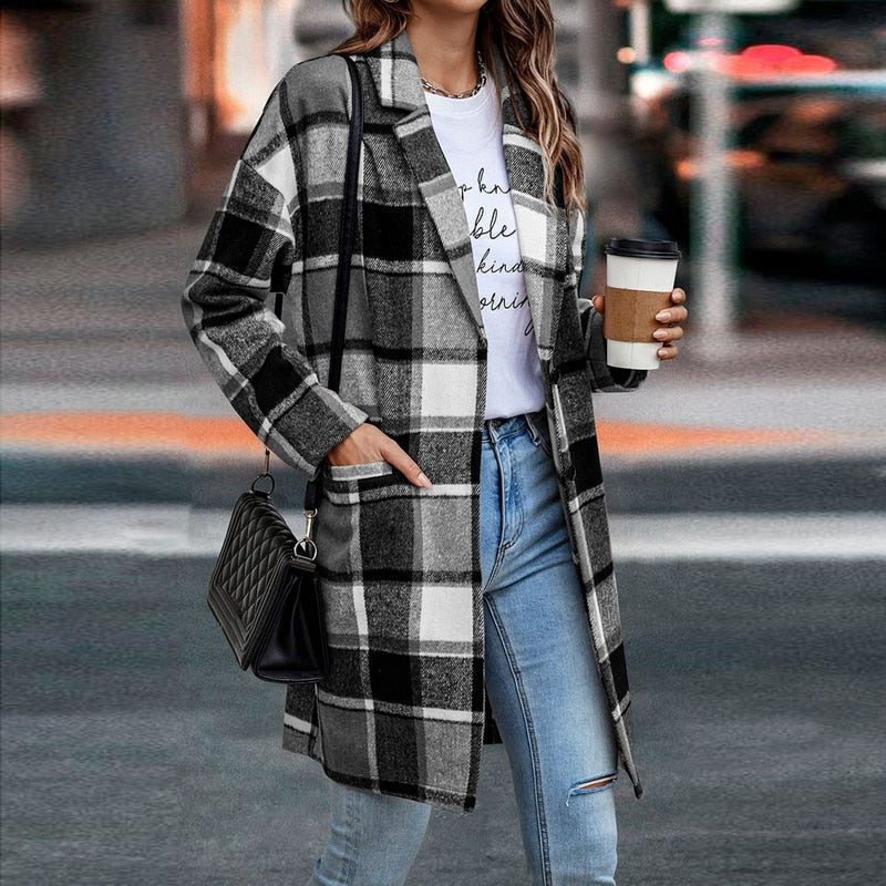 Dames Regular Fit Geruite Jas – Casual ruitpatroon, plaid check jas voor dagelijks gebruik