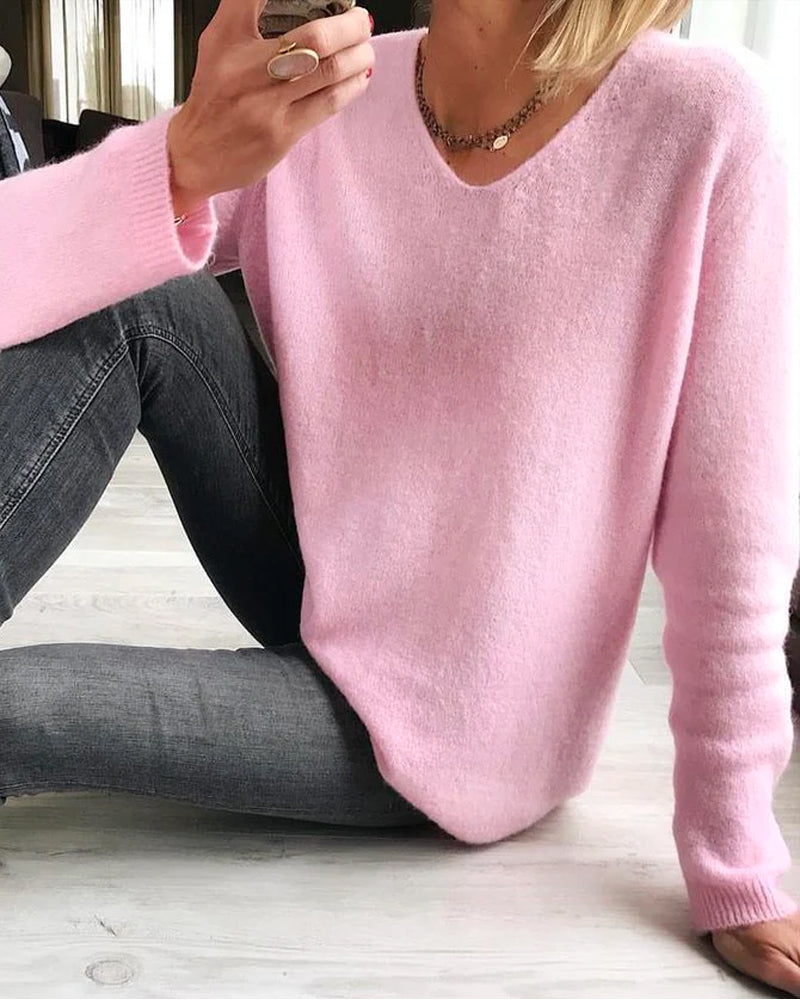 Dames Regular Fit Gebreide Trui – Effen, Lange Mouwen, Casual