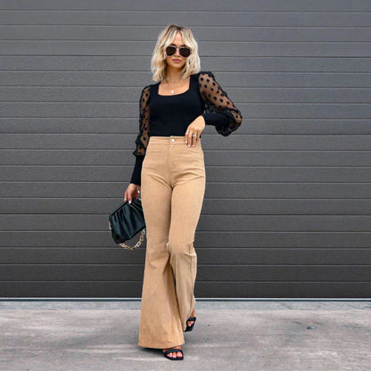 Dames High-Waist Flared Broek – Hoog Getailleerd, Lange Broek met Uitlopende Pijpen