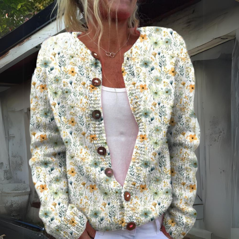 Gebreide Cardigan met Knopen en Bloemenprint – Comfortabele Damestrui voor Alle Seizoenen