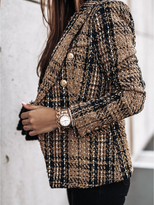 Dames lange wollen mantel – bruin geruit, knoopsluiting, winterjas