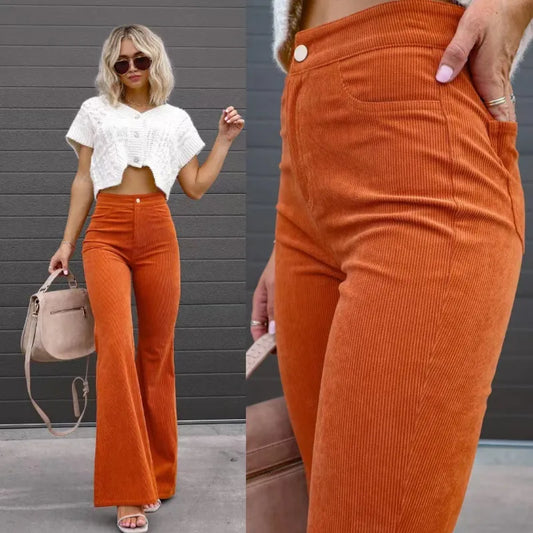 Dames High-Waist Flared Broek – Hoog Getailleerd, Lange Broek met Uitlopende Pijpen