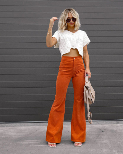 Dames High-Waist Flared Broek – Hoog Getailleerd, Lange Broek met Uitlopende Pijpen