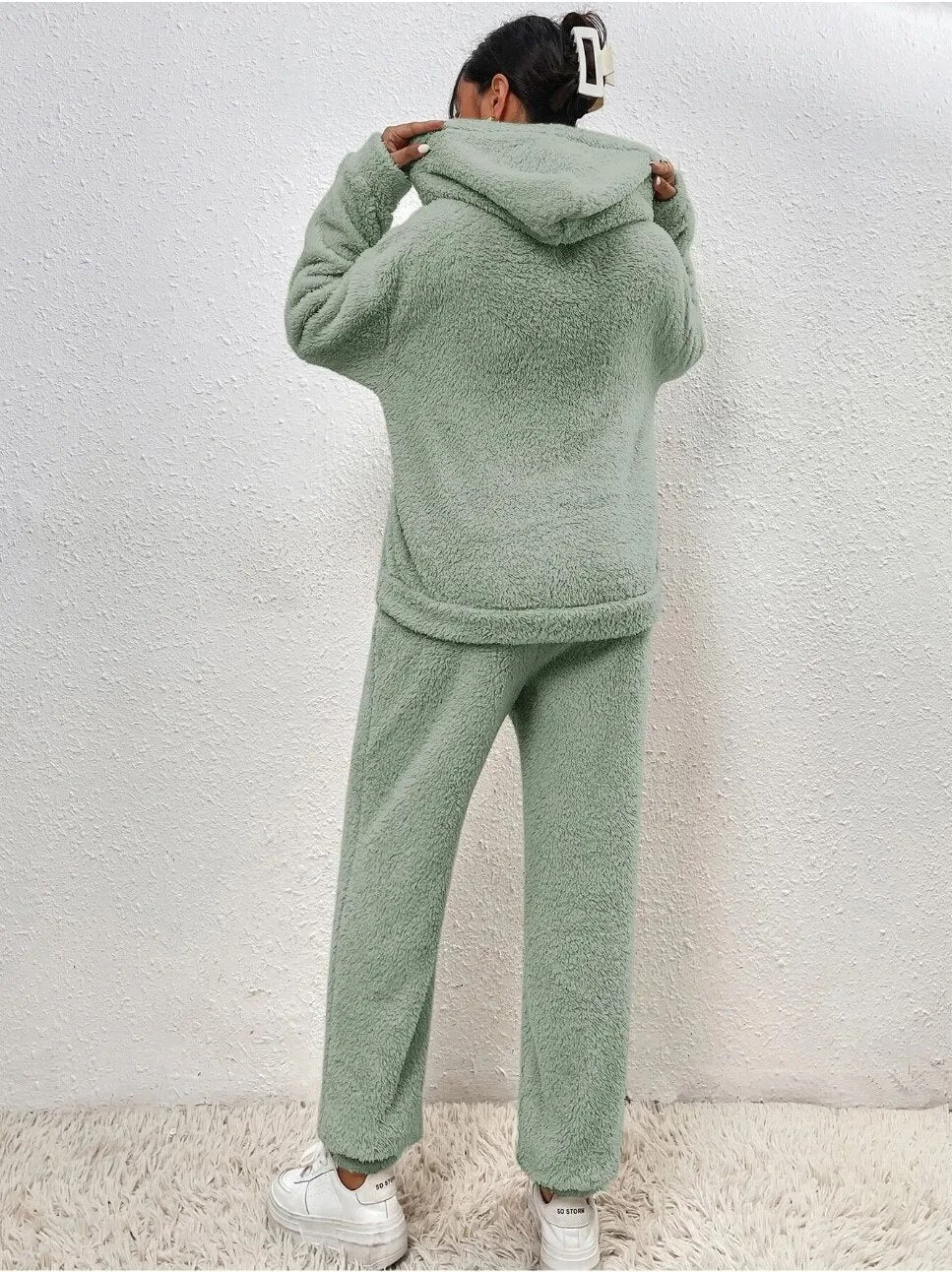 Dames Teddy Fleece Huispak met Capuchon – 2-delige Loungewear Set voor Winter en Herfst