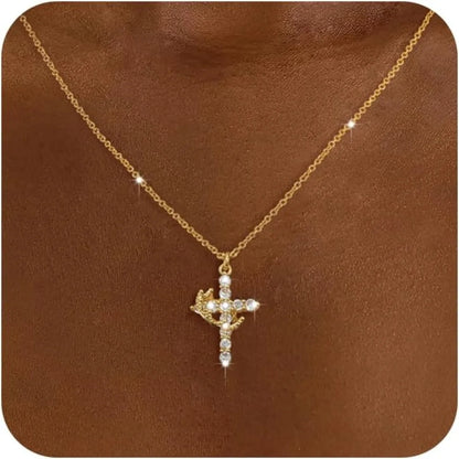 Ladies' Diamond Cross Necklace - Exquisite 14k Gold Cubic Zirconia Pendant Necklace Simple Gold Cross Pendant Necklace