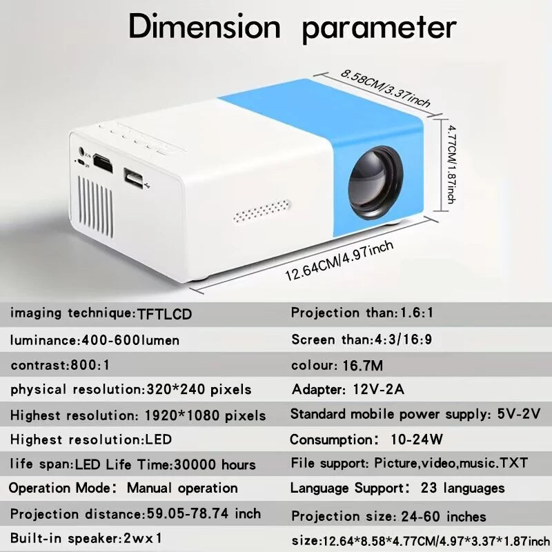 4K ultra high definition projector for home bedroom wall projection, home cinema with mobile phone screen projection, TV office