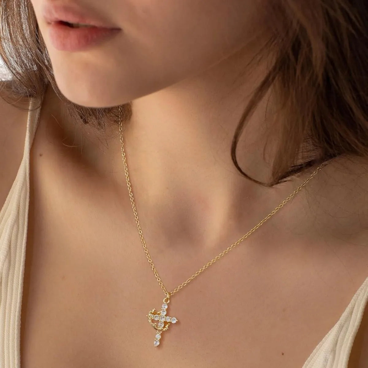 Ladies' Diamond Cross Necklace - Exquisite 14k Gold Cubic Zirconia Pendant Necklace Simple Gold Cross Pendant Necklace