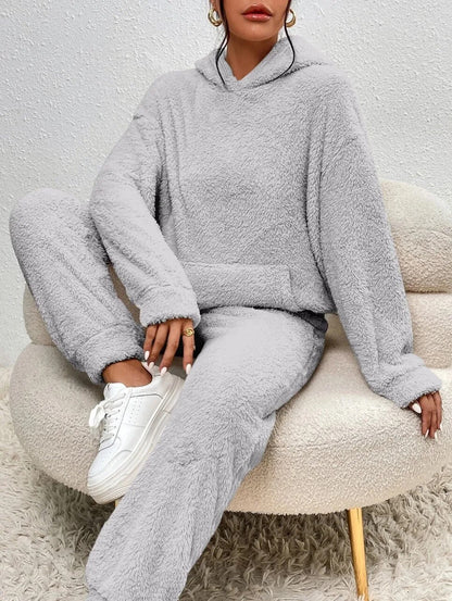 Dames Teddy Fleece Huispak met Capuchon – 2-delige Loungewear Set voor Winter en Herfst