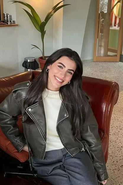 Dames Cropped Bikerjack – Kort Getailleerd, Casual Tussenjas voor Lente en Herfst