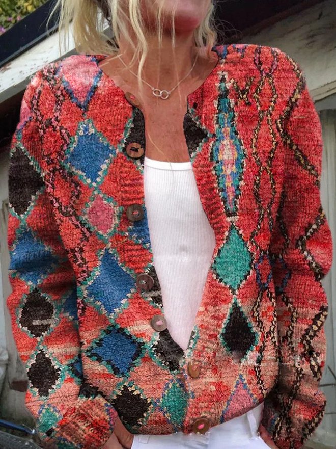 Gebreide Cardigan met Knopen en Bloemenprint – Comfortabele Damestrui voor Alle Seizoenen